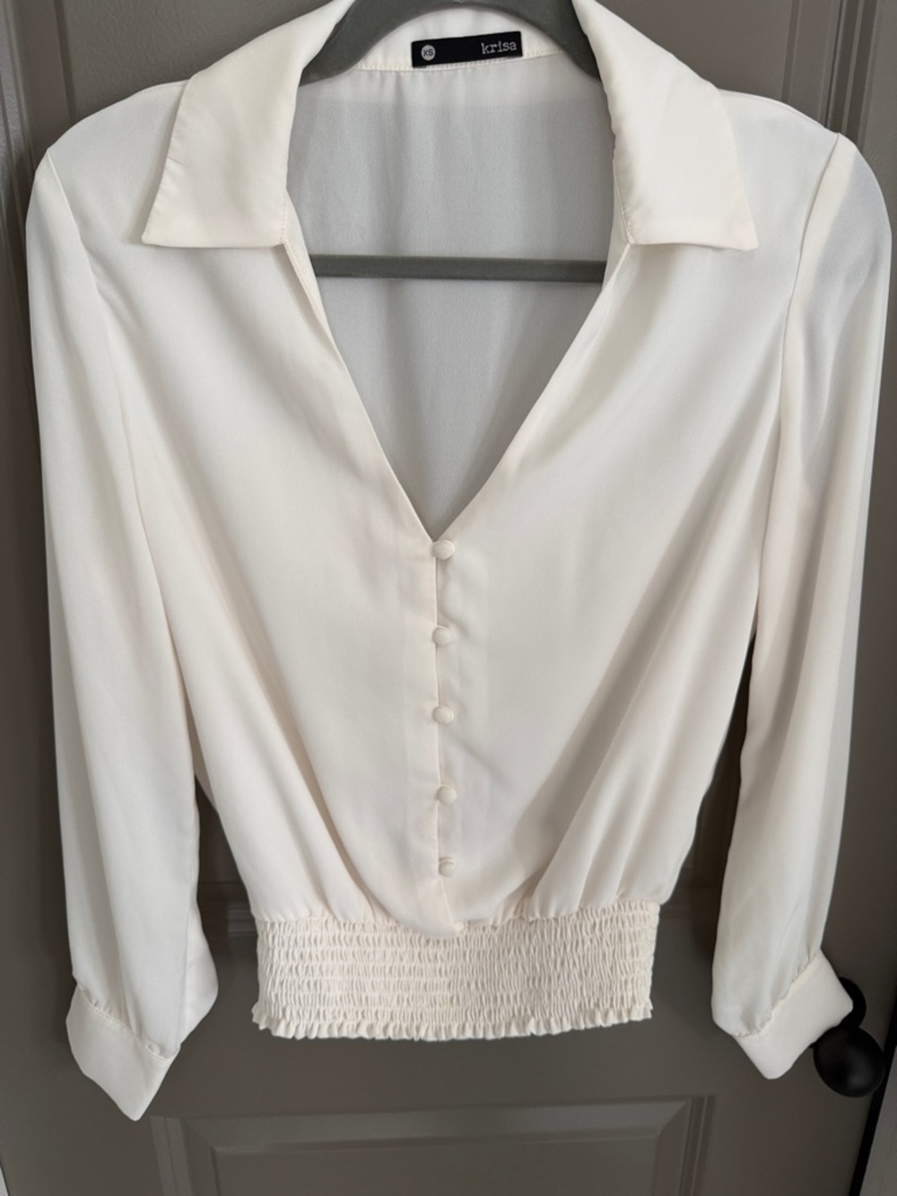 Krisa Cream Button-Front V-Neck Smocked Hem Blouse